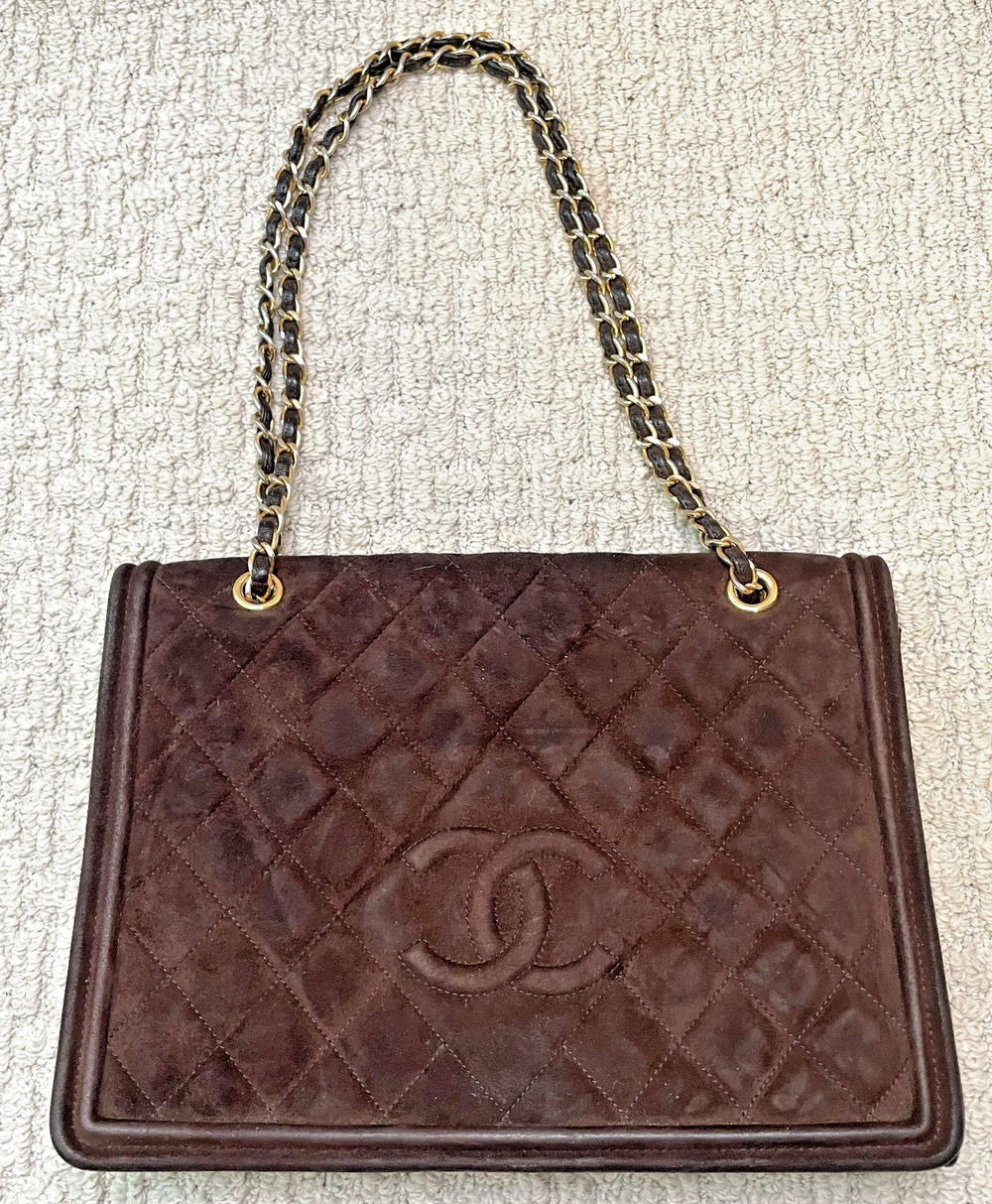 VTG 90s Chanel Quilted Brown Suede Shoulder Bag Chain Link Straps Logo COA
